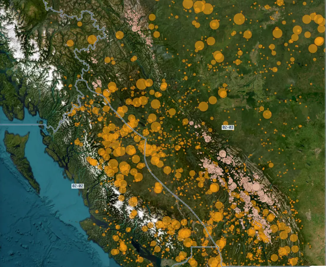Map showing wildfire locations and glacier impacts across western North America
